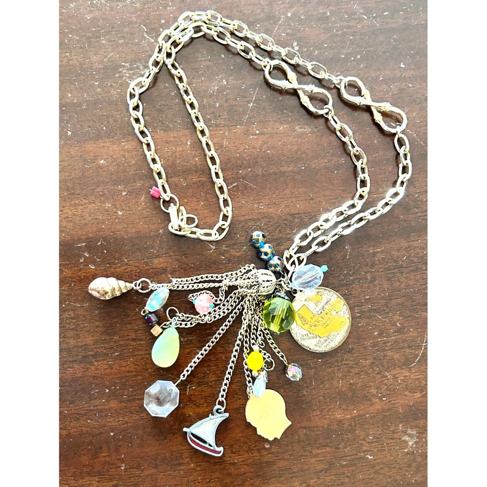 OOAK Upcycled Vintage Charm Tassel Necklace 1948 California Gold Rush Medal 1952